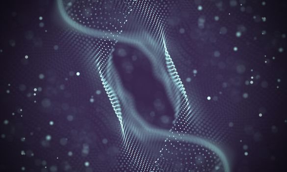 Abstract futuristic illustration of polygonal surface. Low poly shape with connecting dots and lines on dark background. 3D rendering