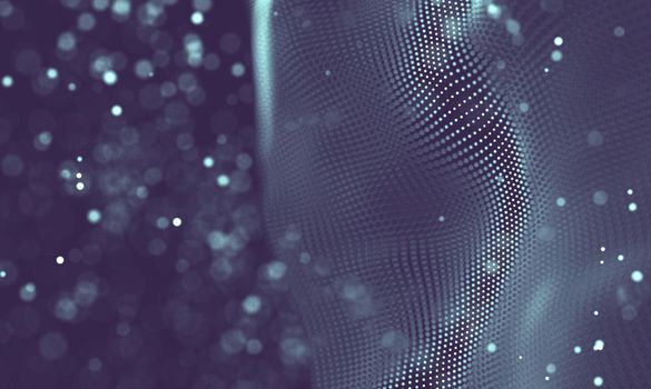 Abstract futuristic illustration of polygonal surface. Low poly shape with connecting dots and lines on dark background. 3D rendering