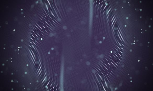 Abstract futuristic illustration of polygonal surface. Low poly shape with connecting dots and lines on dark background. 3D rendering
