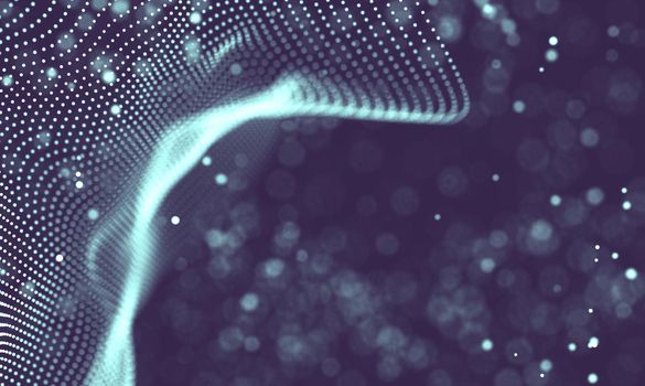 Abstract futuristic illustration of polygonal surface. Low poly shape with connecting dots and lines on dark background. 3D rendering