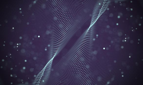 Abstract futuristic illustration of polygonal surface. Low poly shape with connecting dots and lines on dark background. 3D rendering