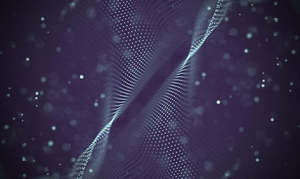 Abstract futuristic illustration of polygonal surface. Low poly shape with connecting dots and lines on dark background. 3D rendering