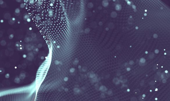 Abstract futuristic illustration of polygonal surface. Low poly shape with connecting dots and lines on dark background. 3D rendering
