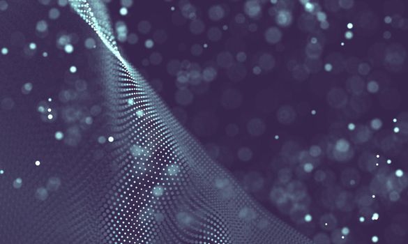 Abstract futuristic illustration of polygonal surface. Low poly shape with connecting dots and lines on dark background. 3D rendering