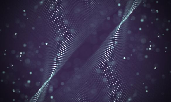 Abstract futuristic illustration of polygonal surface. Low poly shape with connecting dots and lines on dark background. 3D rendering