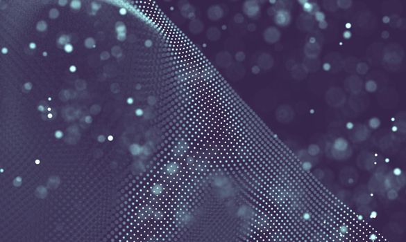 Abstract futuristic illustration of polygonal surface. Low poly shape with connecting dots and lines on dark background. 3D rendering