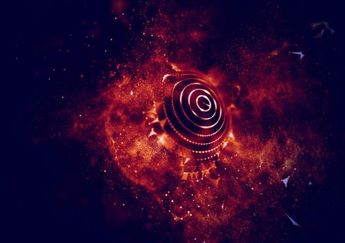 Abstract 3d Illuminated distorted Mesh Sphere . Neon Sign . Futuristic Technology HUD Element . Elegant Abstract Destroyed Sphere . Big data visualization .