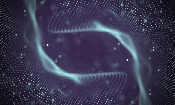 Abstract futuristic illustration of polygonal surface. Low poly shape with connecting dots and lines on dark background. 3D rendering