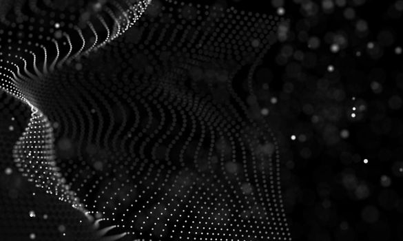 Abstract futuristic illustration of polygonal surface. Low poly shape with connecting dots and lines on dark background. 3D rendering