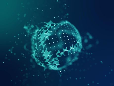Abstract 3d Illuminated distorted Mesh Sphere . Neon Sign . Futuristic Technology HUD Element . Elegant Abstract Destroyed Sphere . Big data visualization .