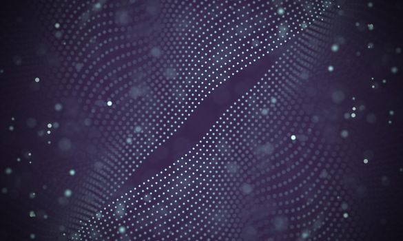 Abstract futuristic illustration of polygonal surface. Low poly shape with connecting dots and lines on dark background. 3D rendering