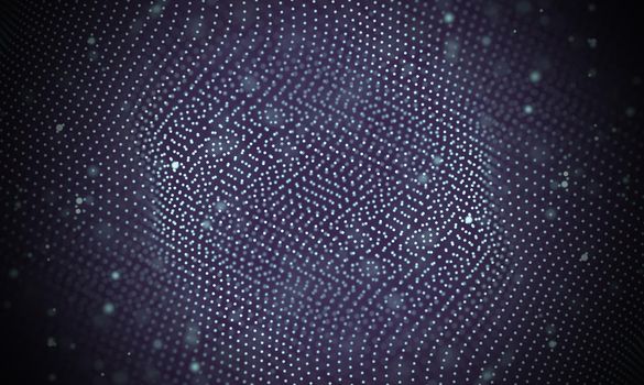 Abstract futuristic illustration of polygonal surface. Low poly shape with connecting dots and lines on dark background. 3D rendering