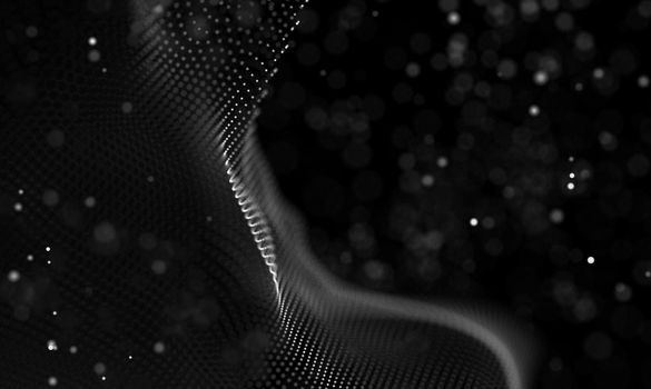 Abstract futuristic illustration of polygonal surface. Low poly shape with connecting dots and lines on dark background. 3D rendering