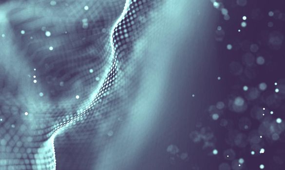 Abstract futuristic illustration of polygonal surface. Low poly shape with connecting dots and lines on dark background. 3D rendering
