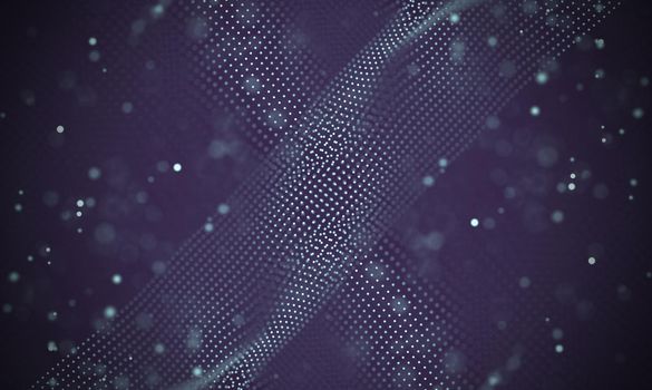 Abstract futuristic illustration of polygonal surface. Low poly shape with connecting dots and lines on dark background. 3D rendering