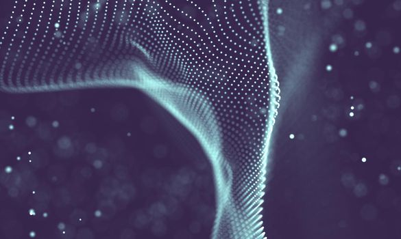 Abstract futuristic illustration of polygonal surface. Low poly shape with connecting dots and lines on dark background. 3D rendering