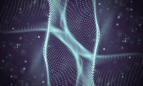 Abstract futuristic illustration of polygonal surface. Low poly shape with connecting dots and lines on dark background. 3D rendering