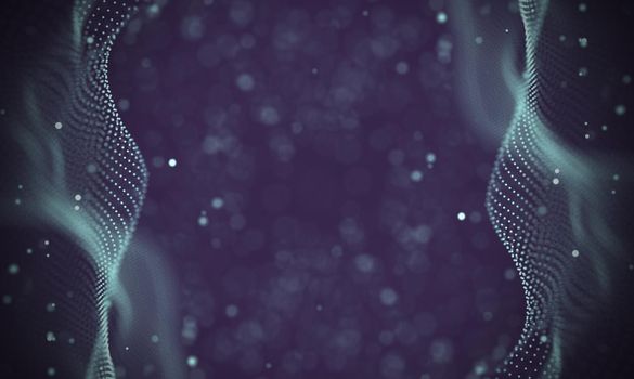 Abstract futuristic illustration of polygonal surface. Low poly shape with connecting dots and lines on dark background. 3D rendering