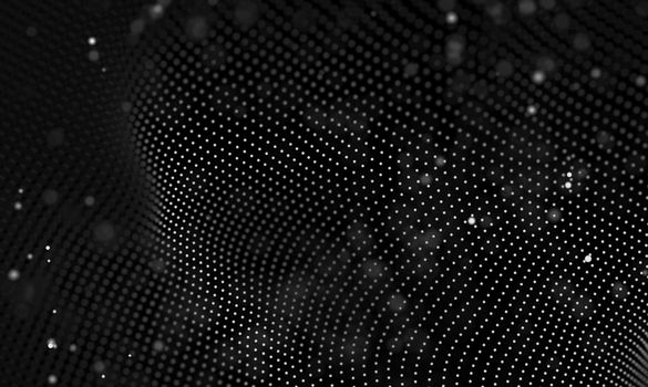 Abstract futuristic illustration of polygonal surface. Low poly shape with connecting dots and lines on dark background. 3D rendering