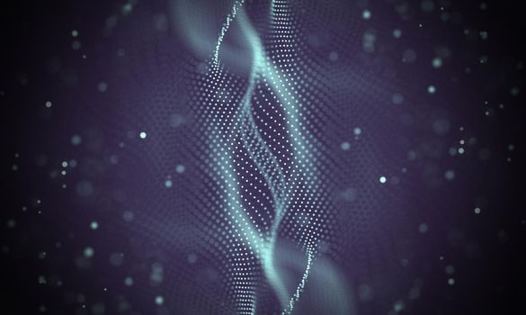 Abstract futuristic illustration of polygonal surface. Low poly shape with connecting dots and lines on dark background. 3D rendering