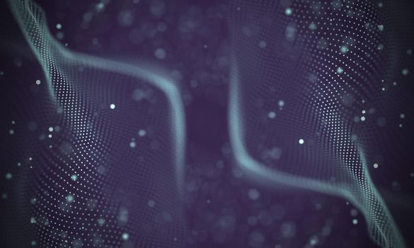 Abstract futuristic illustration of polygonal surface. Low poly shape with connecting dots and lines on dark background. 3D rendering
