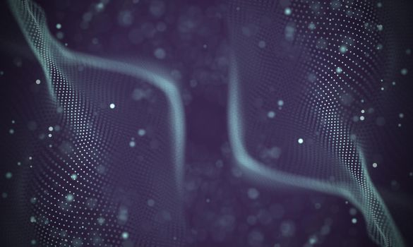 Abstract futuristic illustration of polygonal surface. Low poly shape with connecting dots and lines on dark background. 3D rendering