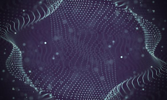 Abstract futuristic illustration of polygonal surface. Low poly shape with connecting dots and lines on dark background. 3D rendering