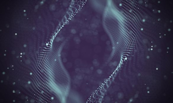 Abstract futuristic illustration of polygonal surface. Low poly shape with connecting dots and lines on dark background. 3D rendering
