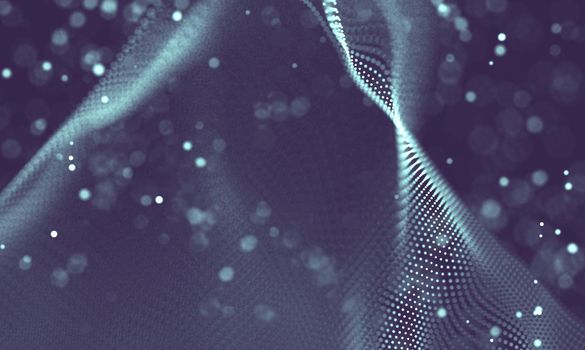 Abstract futuristic illustration of polygonal surface. Low poly shape with connecting dots and lines on dark background. 3D rendering