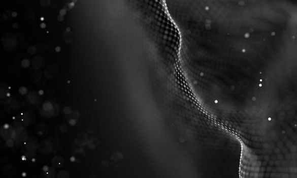 Abstract futuristic illustration of polygonal surface. Low poly shape with connecting dots and lines on dark background. 3D rendering