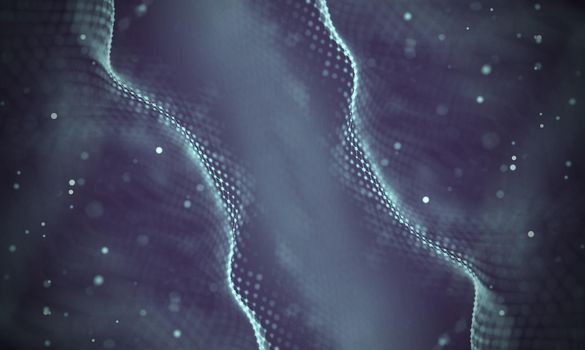 Abstract futuristic illustration of polygonal surface. Low poly shape with connecting dots and lines on dark background. 3D rendering