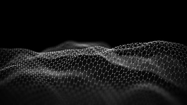 Network connection concept black background illustration. Futuristic hexagon perspective wide angle lanscape. Futuristic honeycomb concept. 3d landscape.