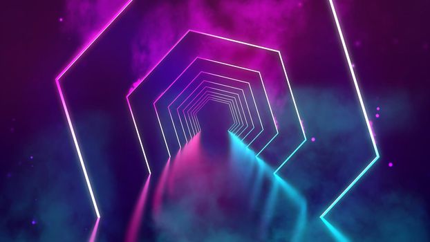 Room with neon lights. Ultraviolet abstract background with neon corridor. 3d technology background. Color illuminated interior with led rays and lasers futuristic.