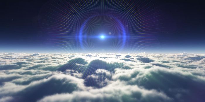 dream fly above clouds ray light, 3d rendering illustration