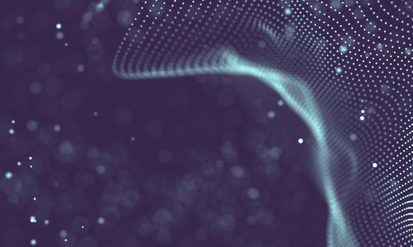 Abstract futuristic illustration of polygonal surface. Low poly shape with connecting dots and lines on dark background. 3D rendering