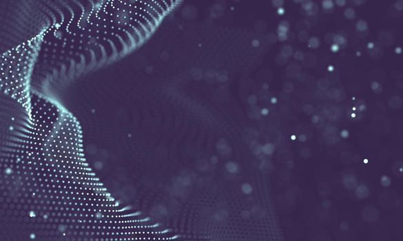 Abstract futuristic illustration of polygonal surface. Low poly shape with connecting dots and lines on dark background. 3D rendering