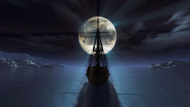 old ship in the night full moon 3d render illustration