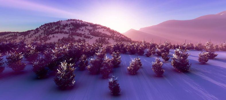 above winter forest mountain sunset 3D rendering illustration