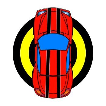 Red sport car with black stripes. Top view. Vector illustration.