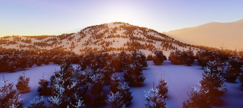 above winter forest mountain sunset 3D rendering illustration