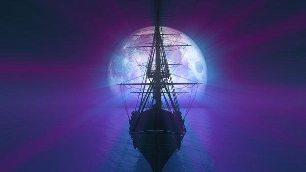 old ship in sea full moon illustration 3d rendering