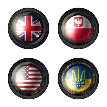 Camera lens with flag. England, Poland, USA and Ukraine flags. Vector illustration