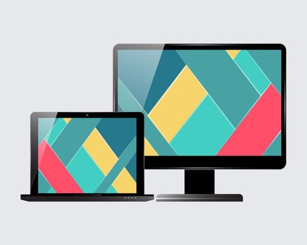 Laptop and computer display. Material design screensaver. Vector illustration.