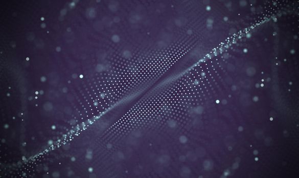 Abstract futuristic illustration of polygonal surface. Low poly shape with connecting dots and lines on dark background. 3D rendering
