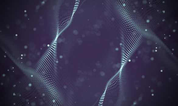 Abstract futuristic illustration of polygonal surface. Low poly shape with connecting dots and lines on dark background. 3D rendering