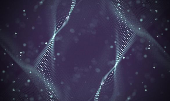 Abstract futuristic illustration of polygonal surface. Low poly shape with connecting dots and lines on dark background. 3D rendering