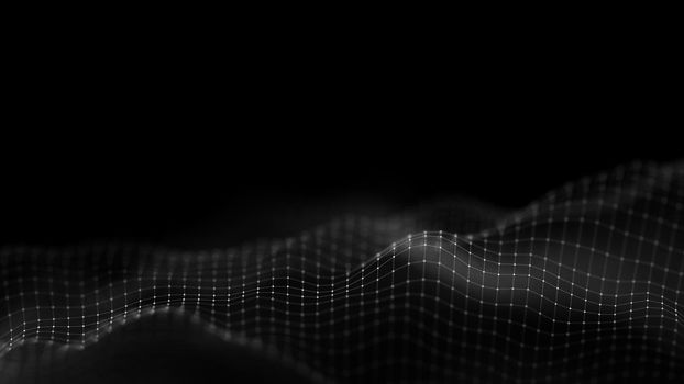 Music background. Big Data Particle Flow Visualisation. Science infographic futuristic illustration. Sound wave.