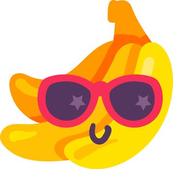 Bananas tropical food emoji happy emotion vector. Cool smiling product wearing stylish sunglasses. Comic lucky summer organic delicious snack. Funny emoticon flat cartoon illustration
