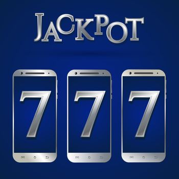 Silver smart phone template. Silver smartphone isolated. Realistic mobile phone. Casino jackpot symbol. Silver text jackpot number 777. Internet casino games. Vector illustration.