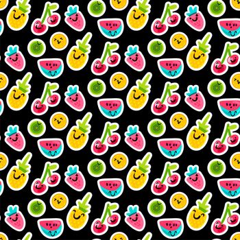 Color fruits emoji seamless vector pattern. Doodle cherry, kiwi, orange stickers on black background